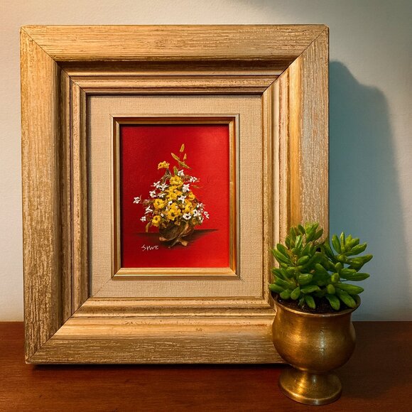 Charming floral mini painting in rustic frame.Wall art. OOAK - Picture 1 of 6